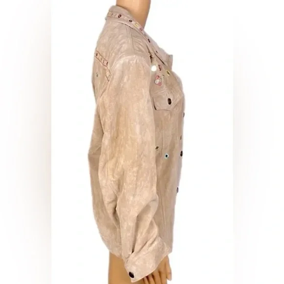 CHICO's Chicos Tan Suede Leather Jean Style Jacket  Boho Embroidery Accent 3 XL - Picture 3 of 7